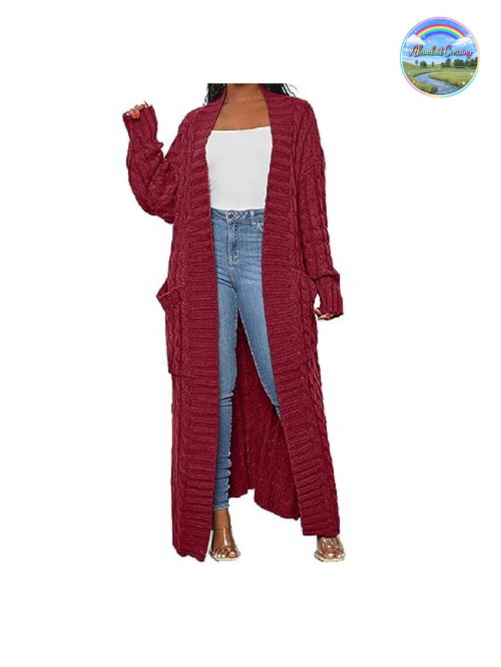Women's Cable Knit Open Front Maxi Cardigan with Pockets Long Ankle Length